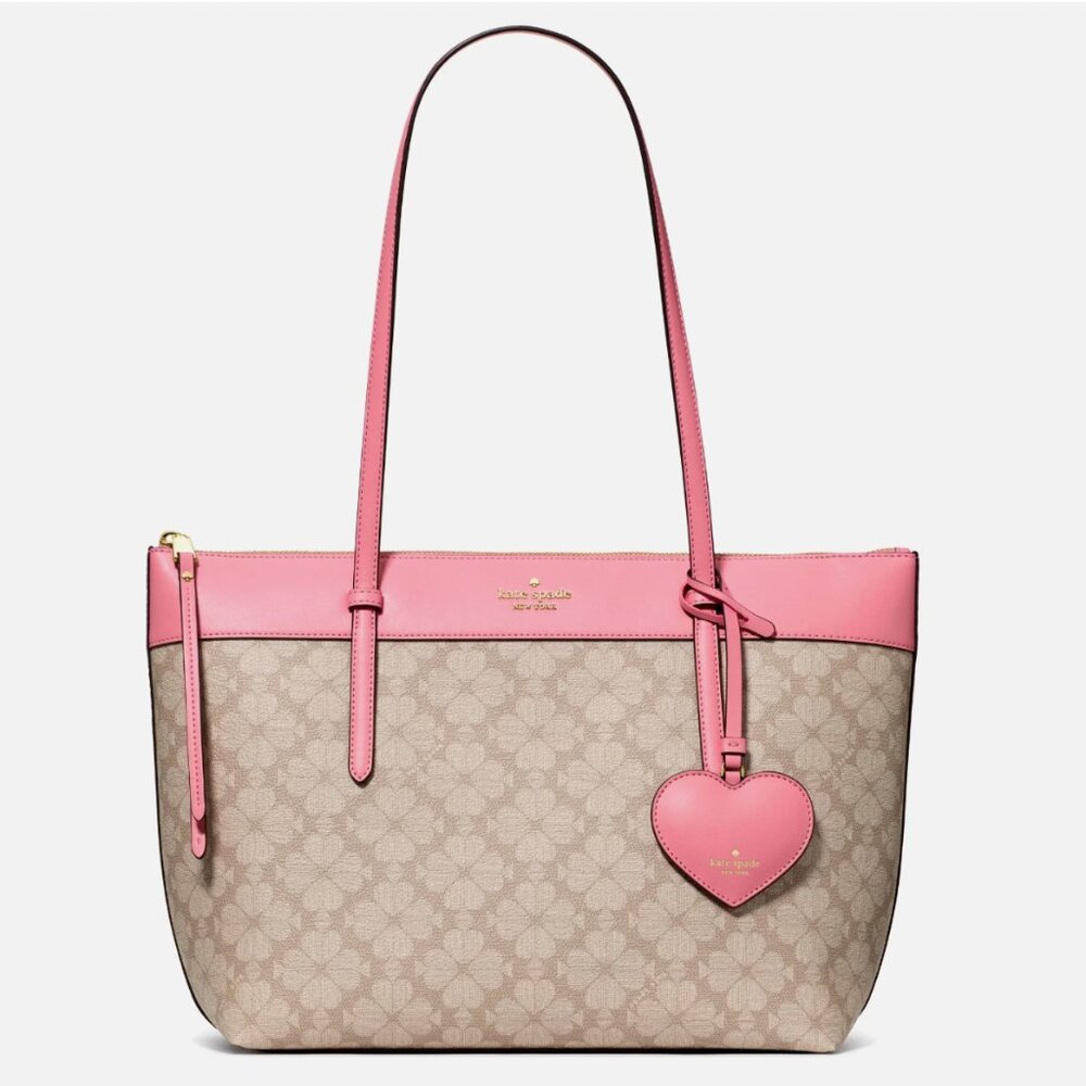 New Kate Spade All Day Spade Flower Tote Bag with Charm Dark Beige Grapefruit